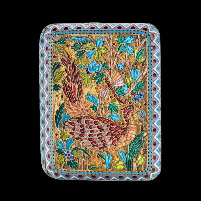 Silver cigarette case of Ovchinnikovs stained glass enamel. 