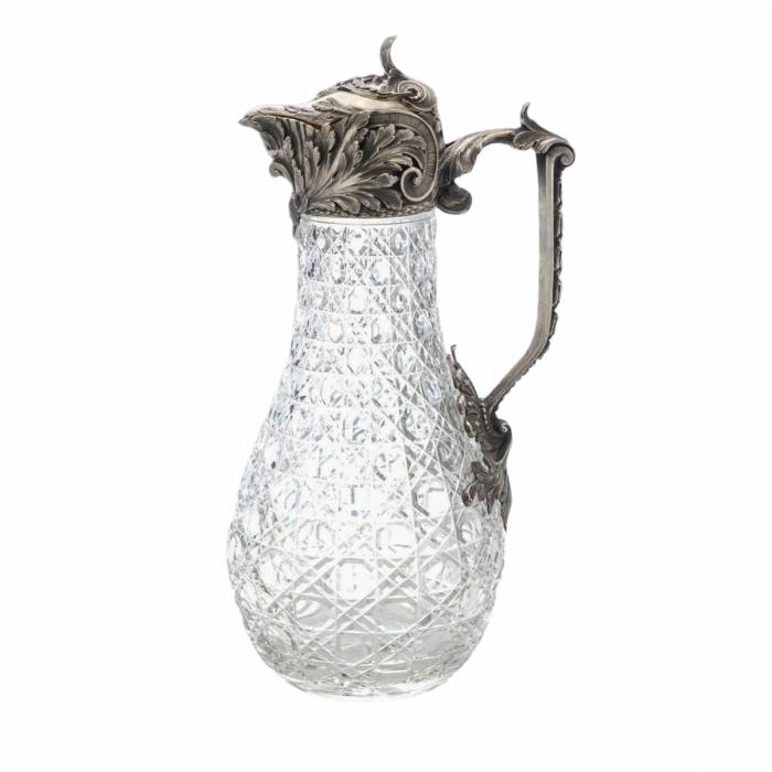 Russian, crystal wine jug, in silver, by Bolin. Karl Linke. Moscow. Early 20th century. 