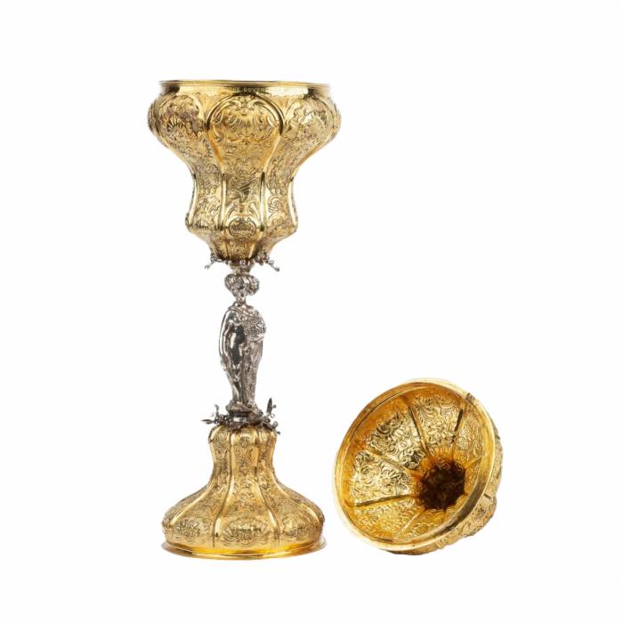 Magnificent Russian goblet of the 18th century, gilded silver. 