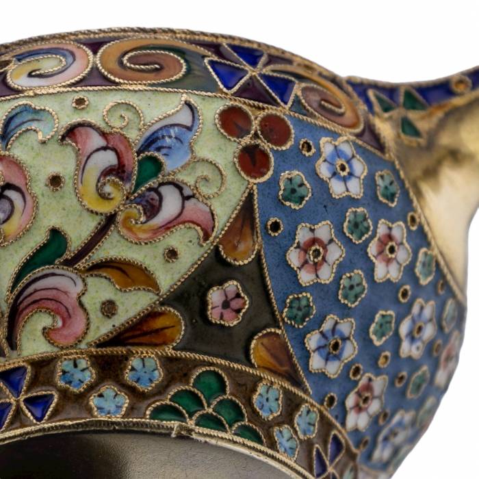 Russian silver ladle with enamels in the style of Russian Art Nouveau. 