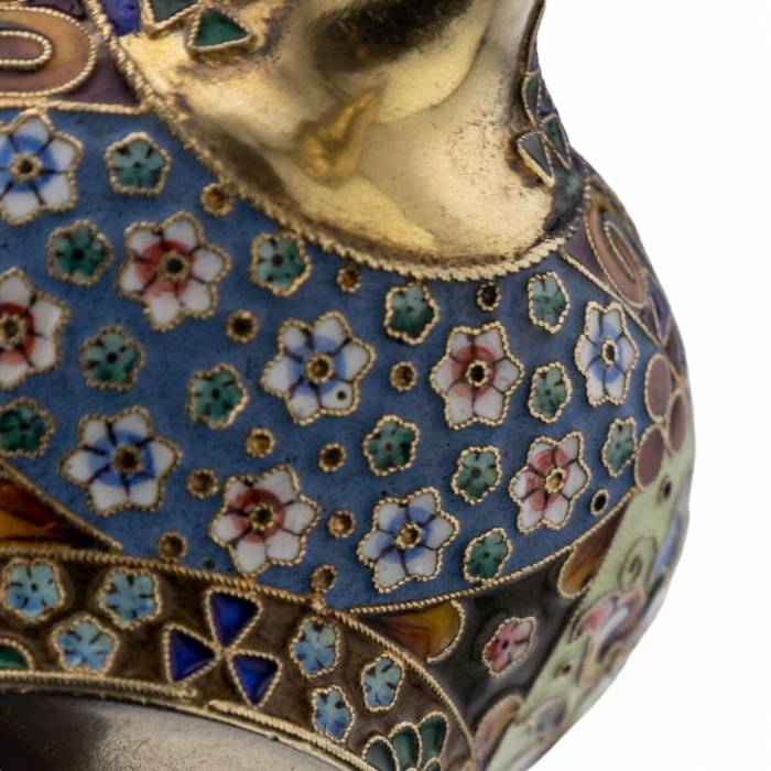 Russian silver ladle with enamels in the style of Russian Art Nouveau. 