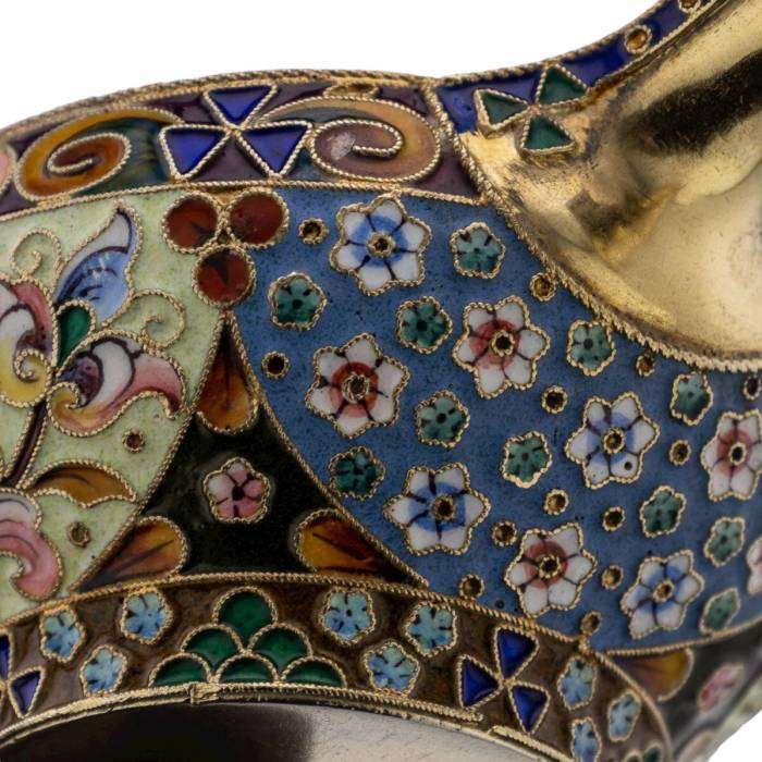 Russian silver ladle with enamels in the style of Russian Art Nouveau. 