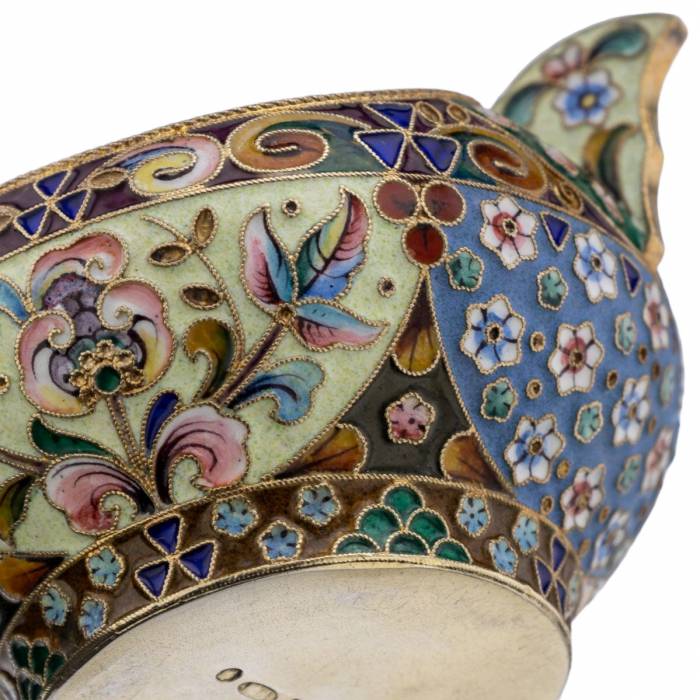 Russian silver ladle with enamels in the style of Russian Art Nouveau. 