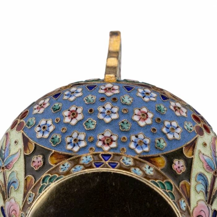 Russian silver ladle with enamels in the style of Russian Art Nouveau. 