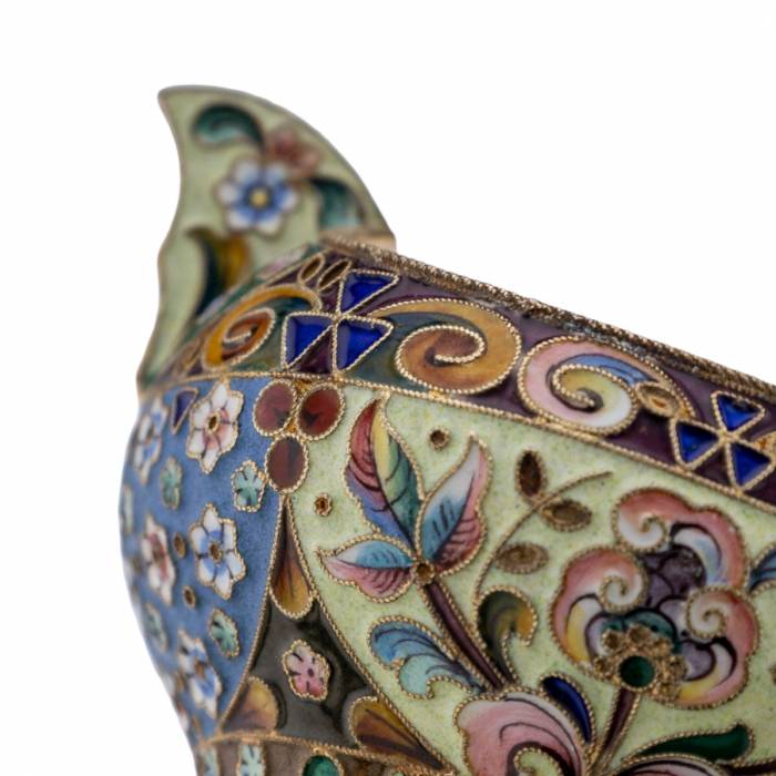 Russian silver ladle with enamels in the style of Russian Art Nouveau. 