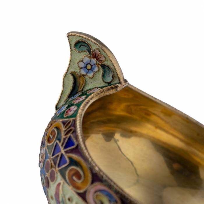 Russian silver ladle with enamels in the style of Russian Art Nouveau. 