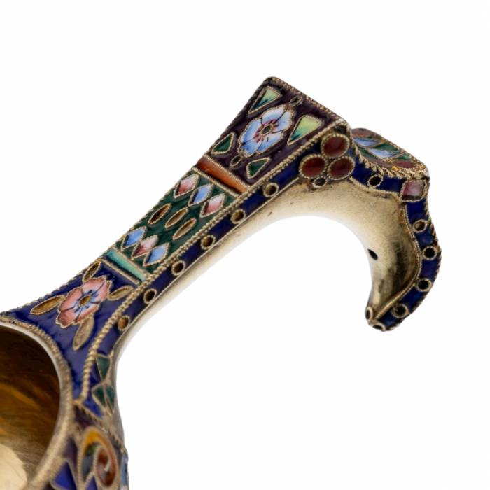 Russian silver ladle with enamels in the style of Russian Art Nouveau. 