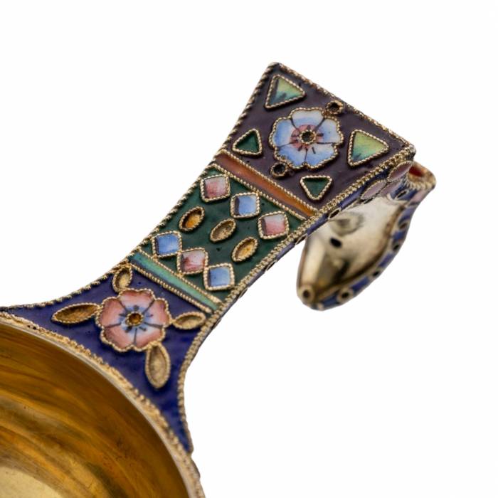 Russian silver ladle with enamels in the style of Russian Art Nouveau. 