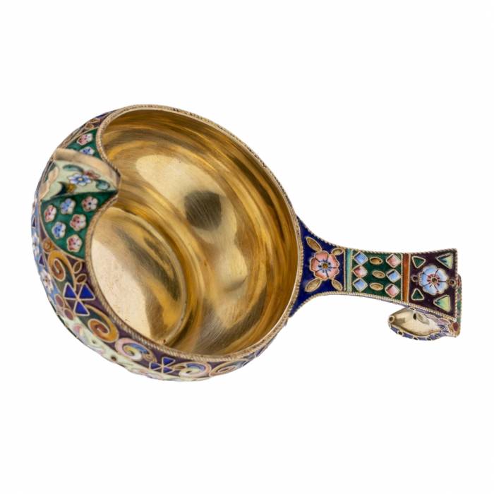 Russian silver ladle with enamels in the style of Russian Art Nouveau. 