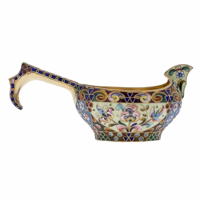 Russian silver ladle with enamels in the style of Russian Art Nouveau. 