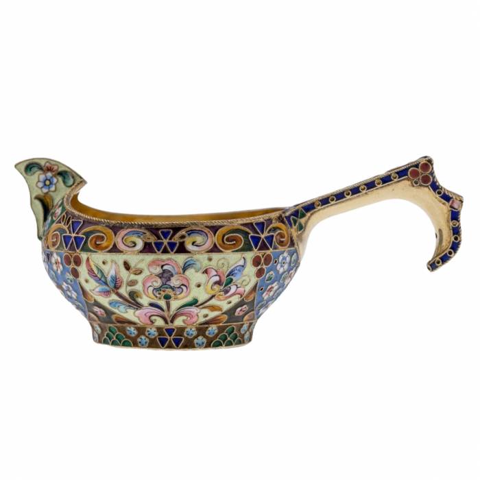 Russian silver ladle with enamels in the style of Russian Art Nouveau. 