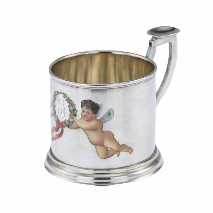 Silver coaster with painting by Khlebnikov`s workshop.1878 