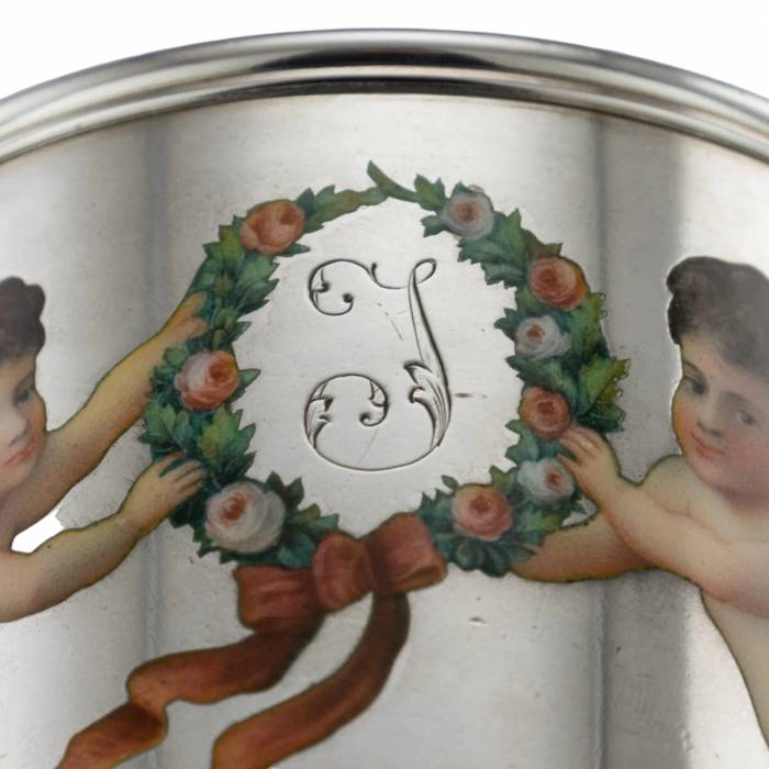 Silver coaster with painting by Khlebnikov`s workshop.1878 