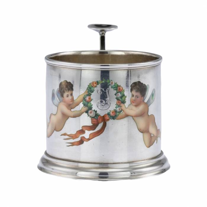 Silver coaster with painting by Khlebnikov`s workshop.1878 