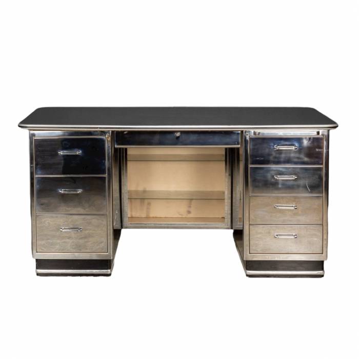 Unusual medical table and cabinet in polished metal from BAISCH. 