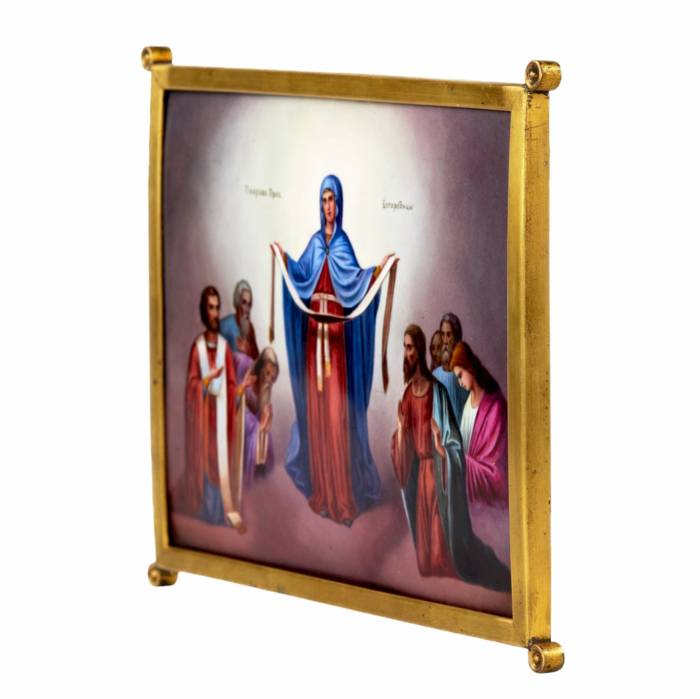 Icon on porcelain Protection of the Most Holy Theotokos. Turn of XIX-XX centuries. 