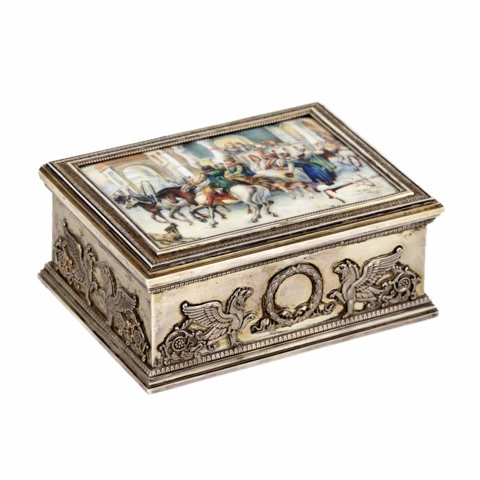 K. Faberge. Silver box with enamel panel: Seeing off the guests. Moscow. 1908-1917 