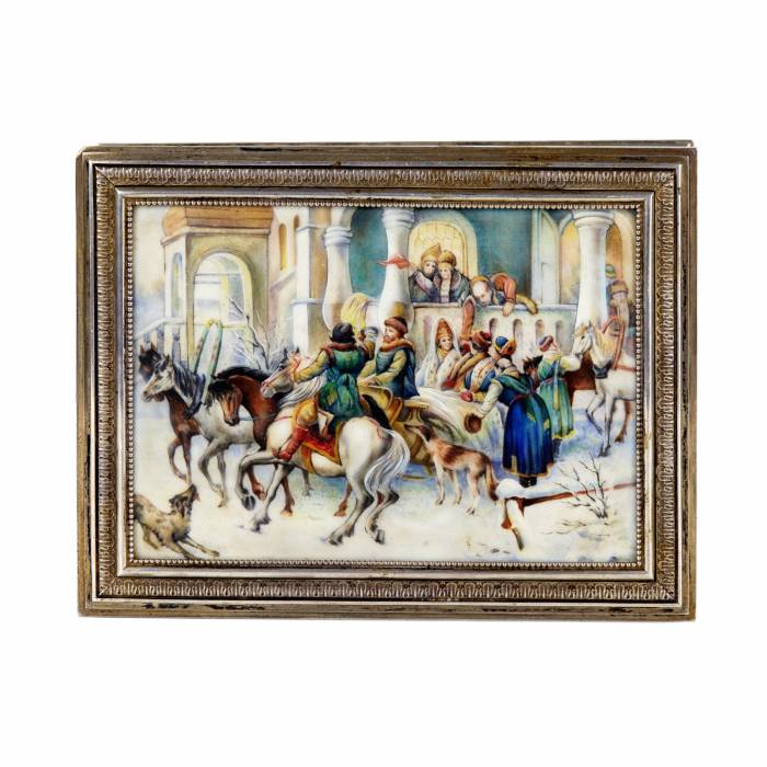 K. Faberge. Silver box with enamel panel: Seeing off the guests. Moscow. 1908-1917 