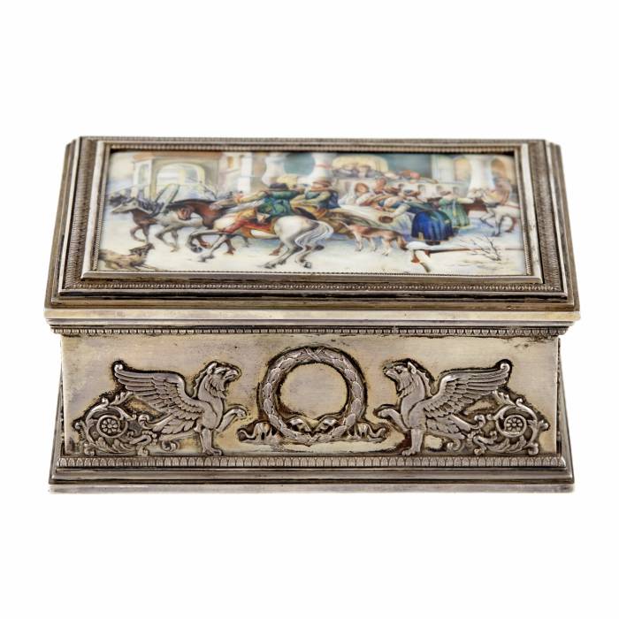 K. Faberge. Silver box with enamel panel: Seeing off the guests. Moscow. 1908-1917 