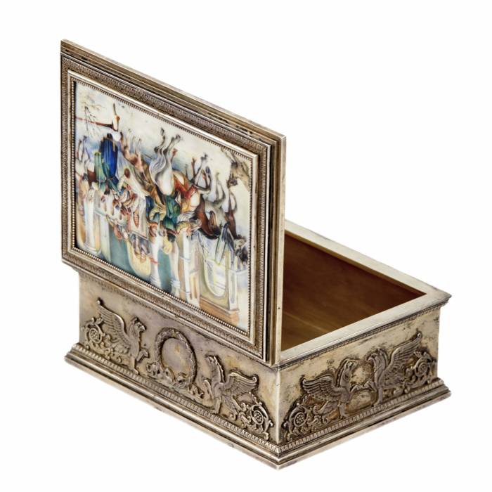 K. Faberge. Silver box with enamel panel: Seeing off the guests. Moscow. 1908-1917 
