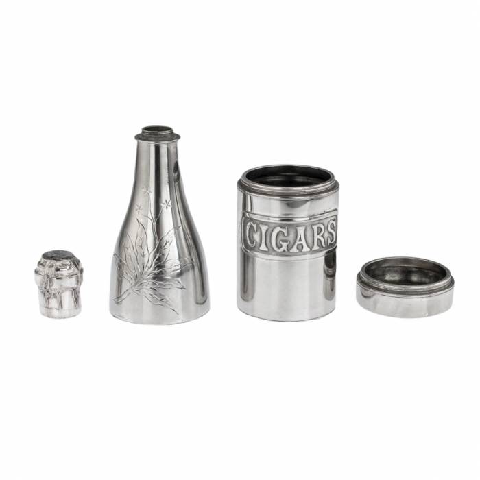 Silver-plated tobacco holder in the shape of a champagne bottle. 