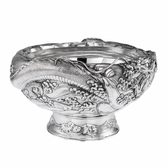 19th century Japanese silver dragon bowl. 