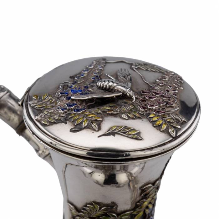 Japanese silver tea and coffee service with Meiji period enamels. 