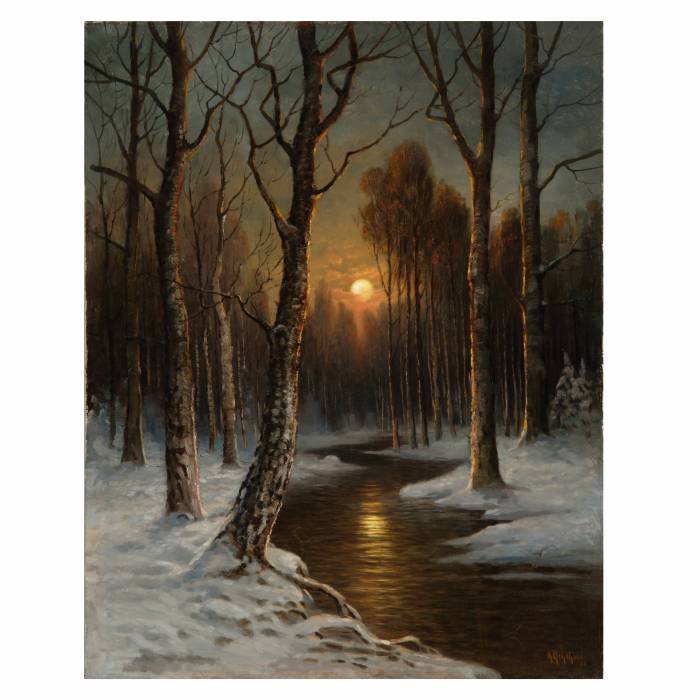 Peinture Nuit au clair de lune dans la forêt dhiver. Alfred Alexander Gelhar (1875-1948).