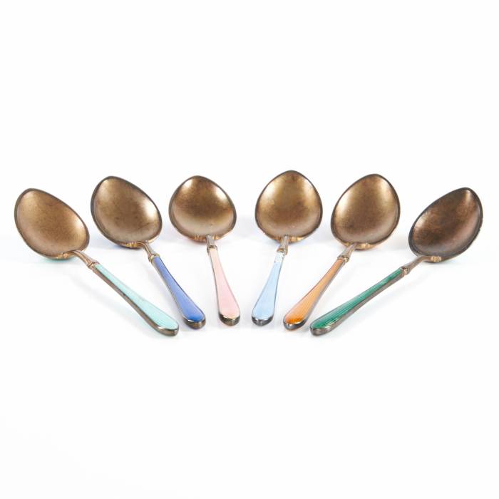 Set of six silver spoons with guilloché enamel, in the original box. 
