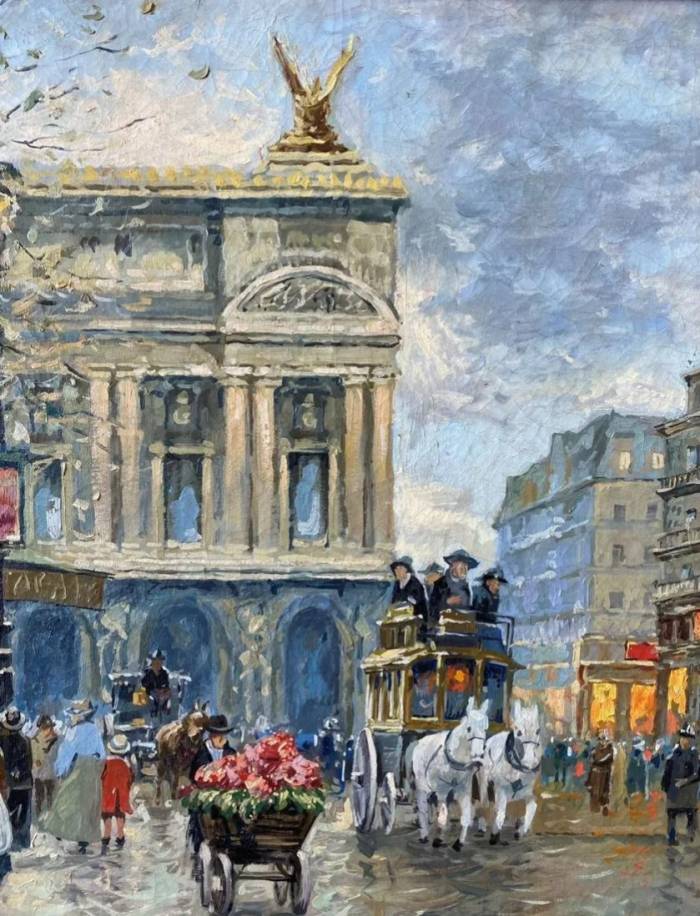 Painting Evening on the Opera Square. Antoine Blanchard (France: 1910-1988) 