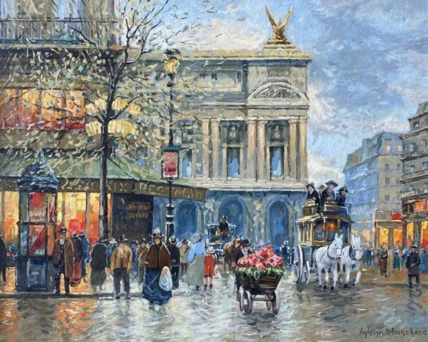 Painting Evening on the Opera Square. Antoine Blanchard (France: 1910–1988) 