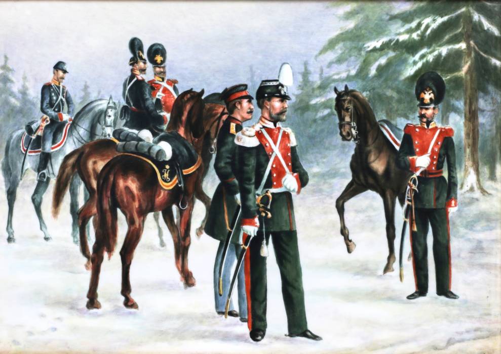 Couche de porcelaine de l`IPM, avec vue sur les soldats et officiers du régiment de dragons de l`époque de Nicolas Ier 
