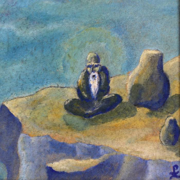 Mountain landscape with a Buddhist monk. N. Roerich. 