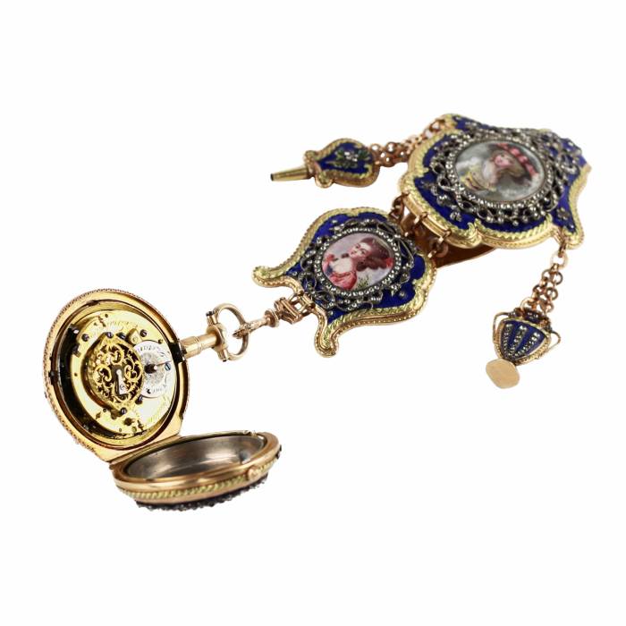 Chatelain with gold pocket watch, diamonds and enamel painting. France 19th century. 