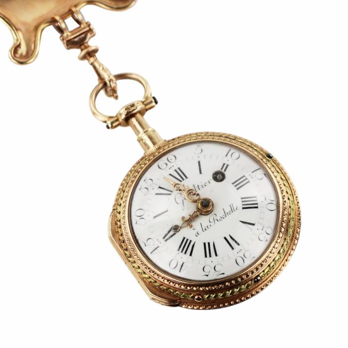 Šatelains ar zelta kabatas pulksteni, dimantiem un emaljas apgleznojumu. Francija 19.gs. 