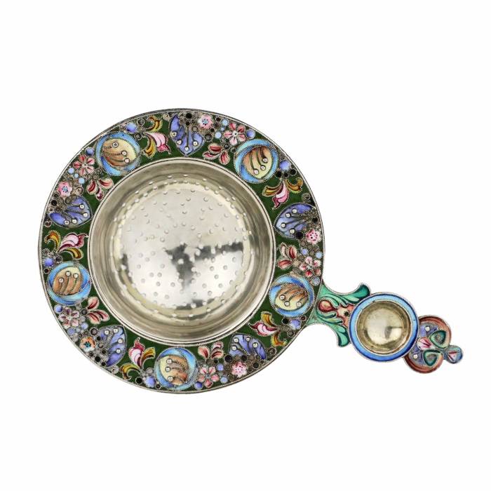 Russian silver tea strainer, with enamel decor, in the spirit of Russian Art Nouveau. 