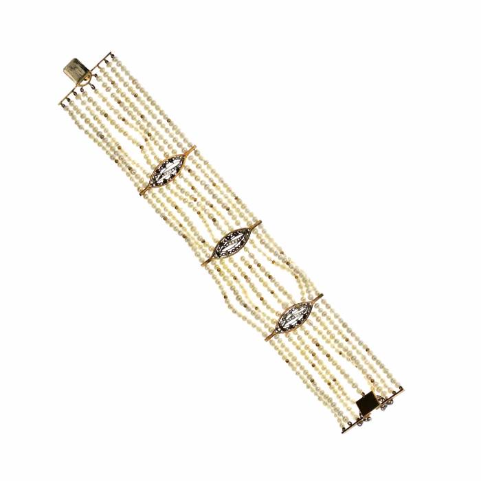 Жемчужный браслет с золотом и бриллиантами, в стиле позднего арт-нуво.