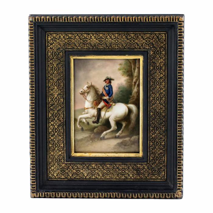 Porcelain plaque. Portrait of the equestrian monarch Peter the Great. 19th century. 