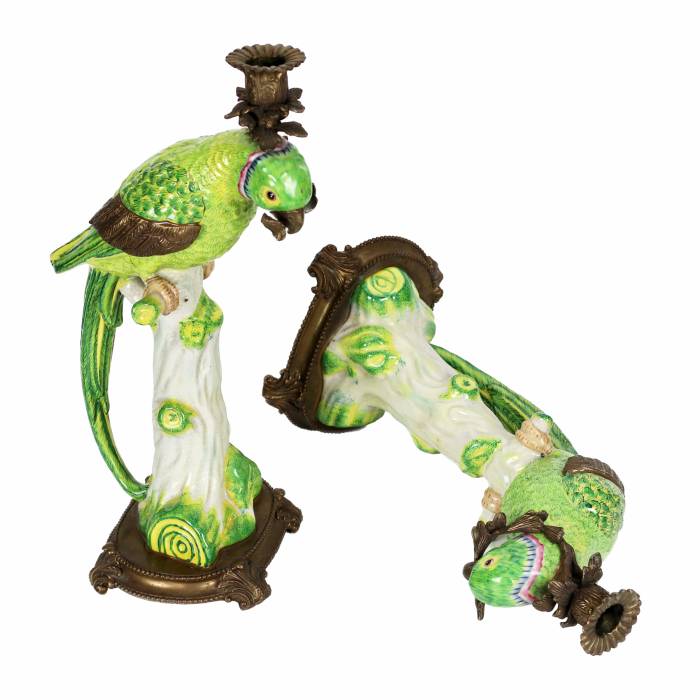 Pair of fine porcelain parrot candlesticks, with bronze. 