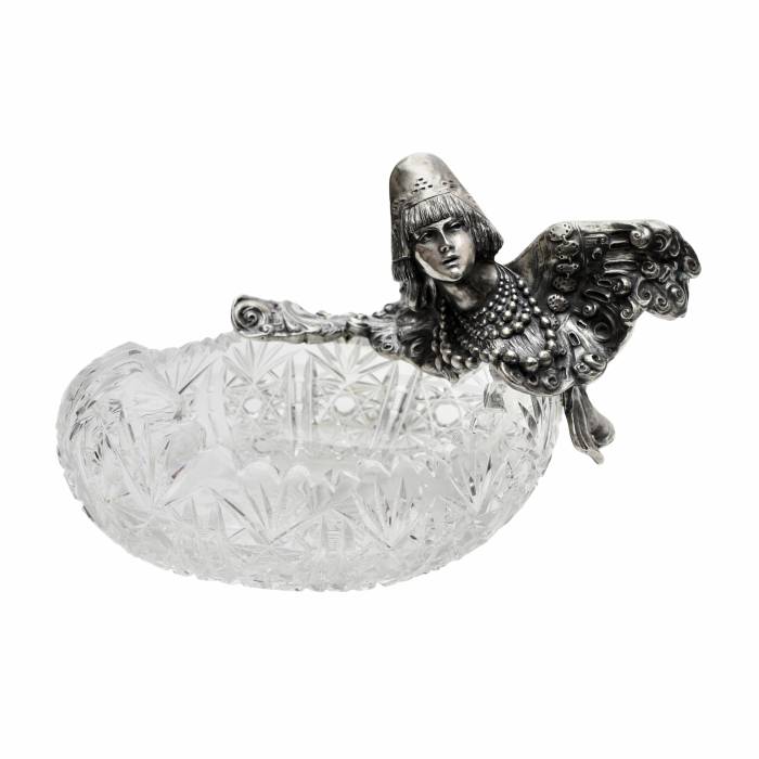 Russian fruit pot made of heavy crystal and silver, in the form of a female figure - the Alkonost bird. 