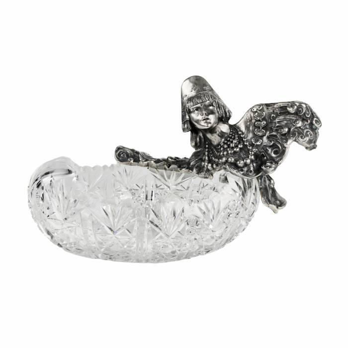 Pot de fruits russe en cristal lourd et argent, sous la forme d`une figure feminine - l`oiseau Alkonost. 