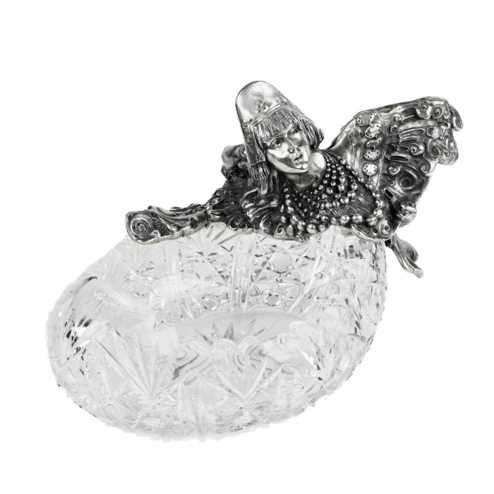 Pot de fruits russe en cristal lourd et argent, sous la forme d`une figure feminine - l`oiseau Alkonost. 