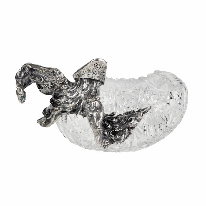 Pot de fruits russe en cristal lourd et argent, sous la forme d`une figure feminine - l`oiseau Alkonost. 