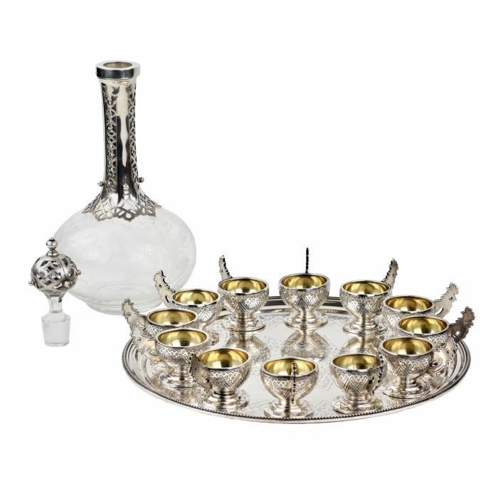 Russian vodka set for 12 persons made of silver with glass. 