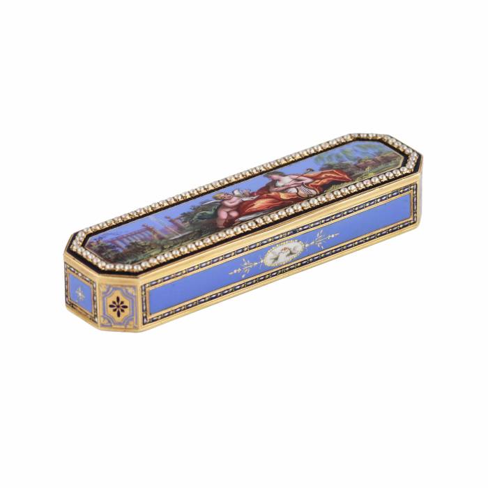 Toothpick case in gold and enamel, embellished with pearls. Geneva or Hanau, circa 1790 