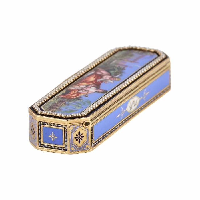 Toothpick case in gold and enamel, embellished with pearls. Geneva or Hanau, circa 1790 