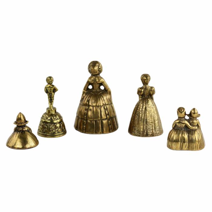 Five original, brass, bronze bells in the form of children, ladies and a pissing boy. 