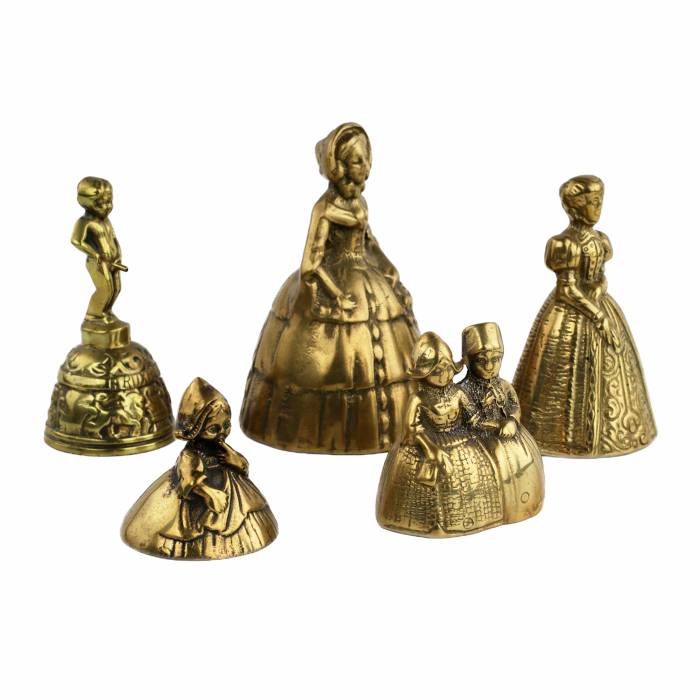 Five original, brass, bronze bells in the form of children, ladies and a pissing boy. 