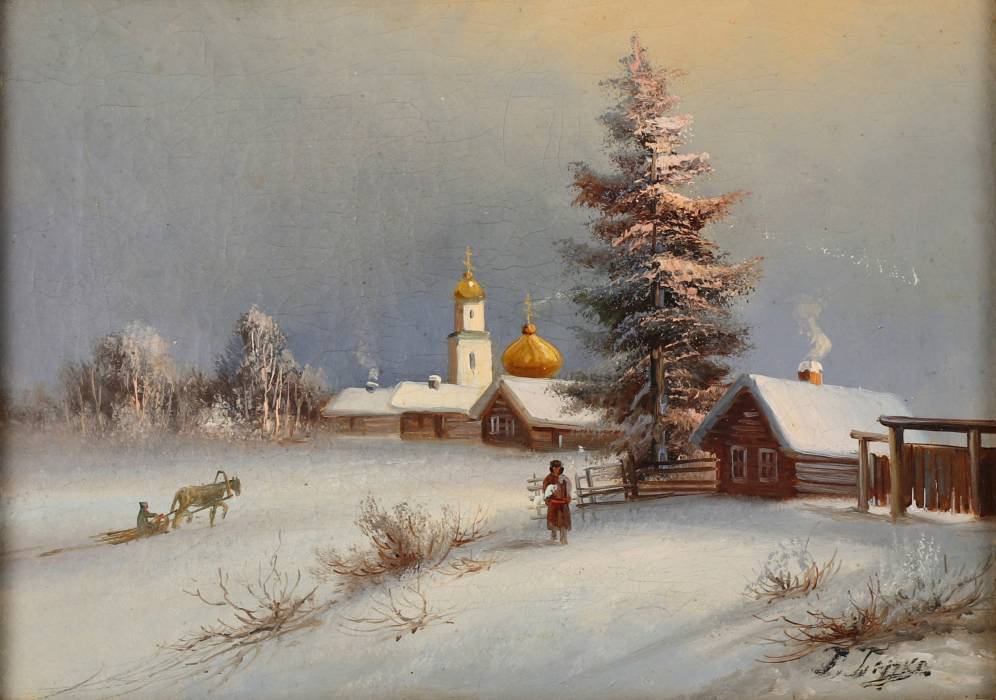 Зимний пейзаж с видом русской деревни. 19 век.