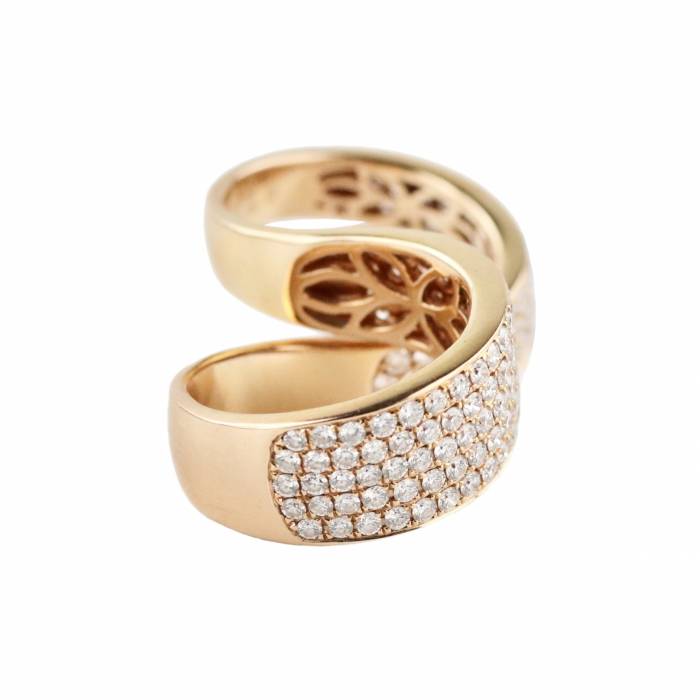 Fashionable rose gold two-finger ring with diamonds. 